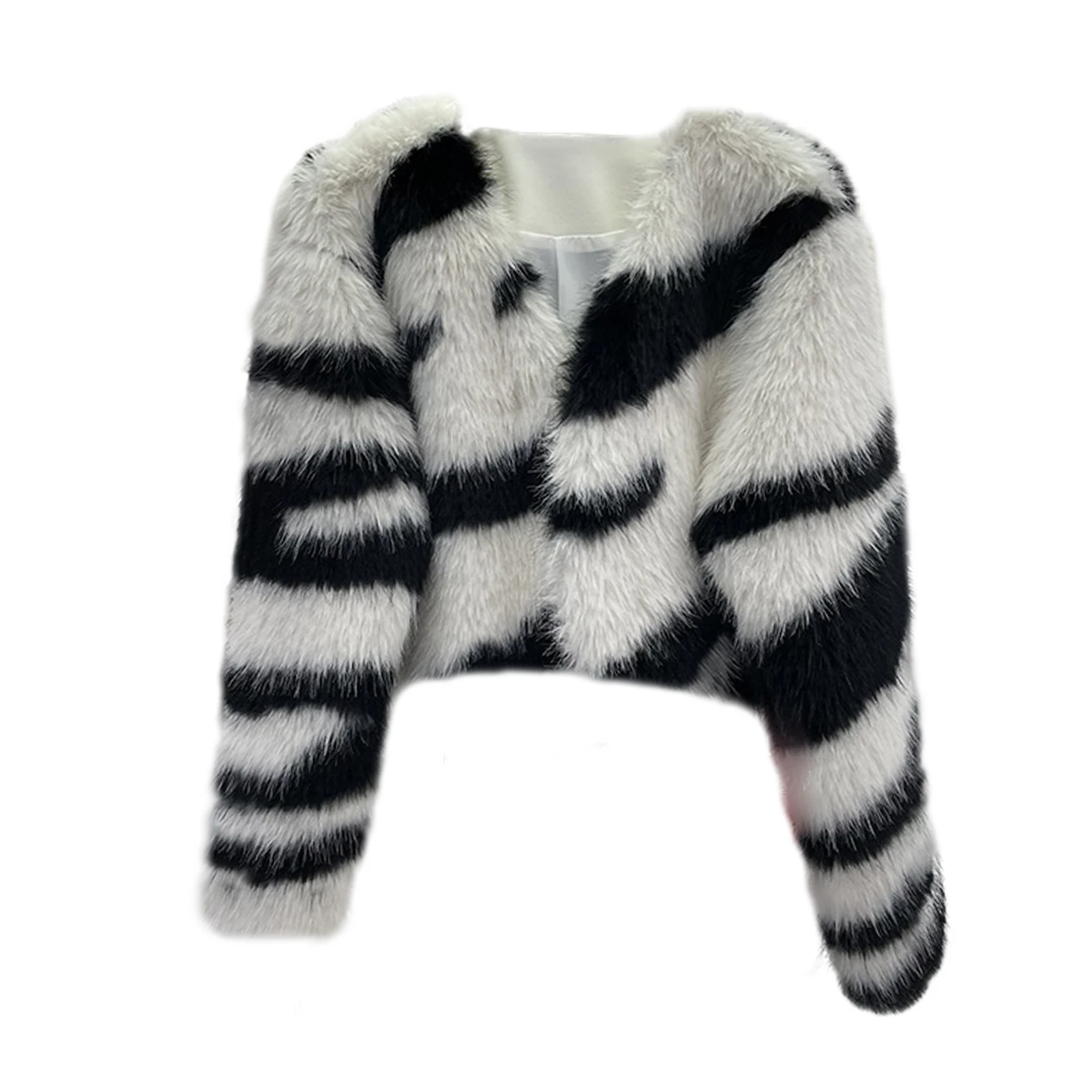 Lisa Colly High street Zebra Print V Neck Cropped Women Faux Fur Coat Sexy Fluffy Jacket