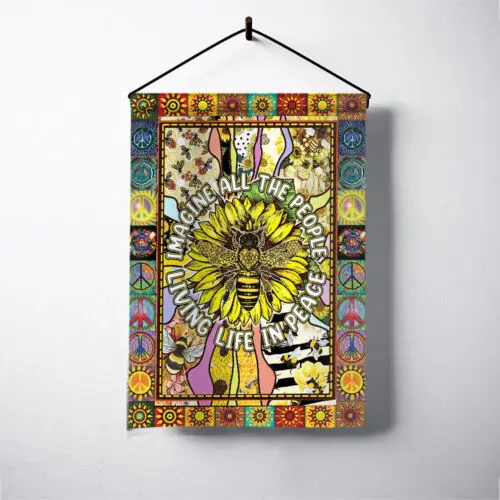 Hippie Bee Sunflower Flag, Imagine All The People Living Life In Peace Flag, ZZU WWL IIC