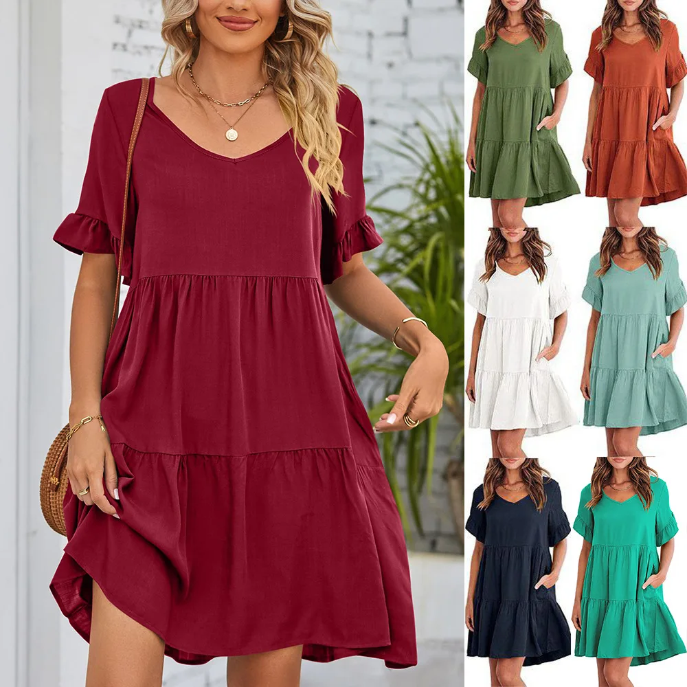 

Dress Women Ruffles Mid Length Dresses Summer Short Sleeve A Line Casual Loose High Waist V Neck Boho Splice Y2k Vestidos