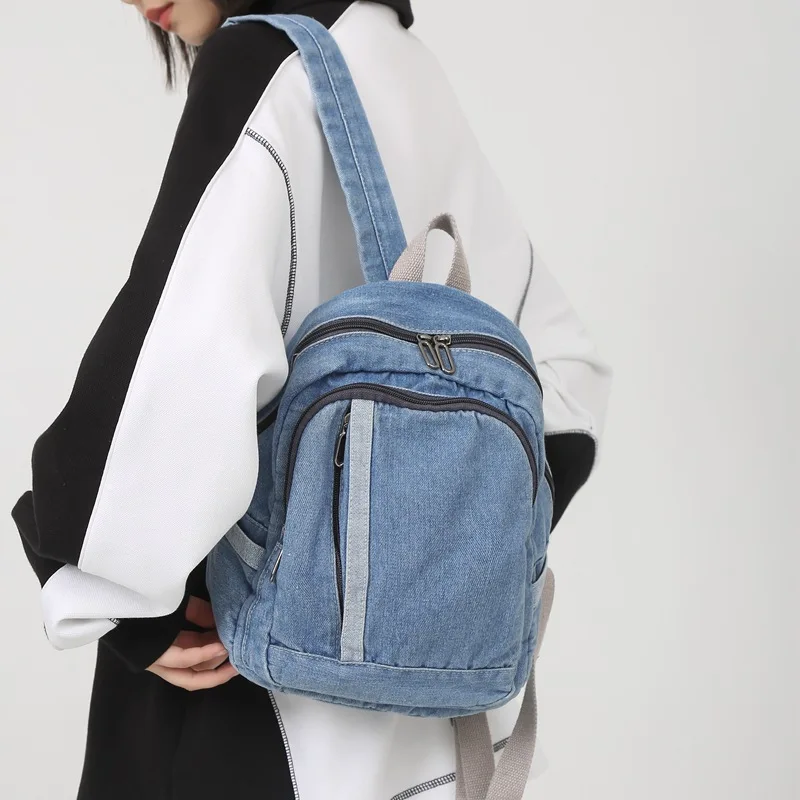 Y 2K Denim Rugzak Voor Dames Koreaanse Mode Schooltas Hoge Capaciteit Lichtgewicht Reistassen Multi-Pocket Blauwe Jean Rugzakken