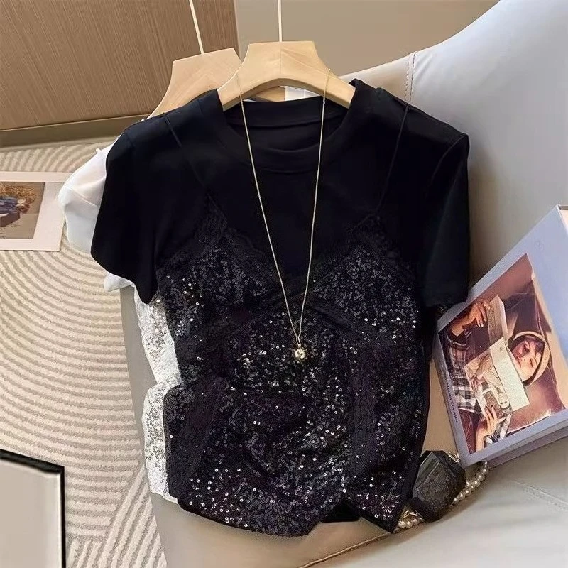 Lace Sequined Ropa mujer Fake Two-piece Woman Clothes O-neck Short Sleeve Roupas Feminina Summer New Tops Unique Camisetas