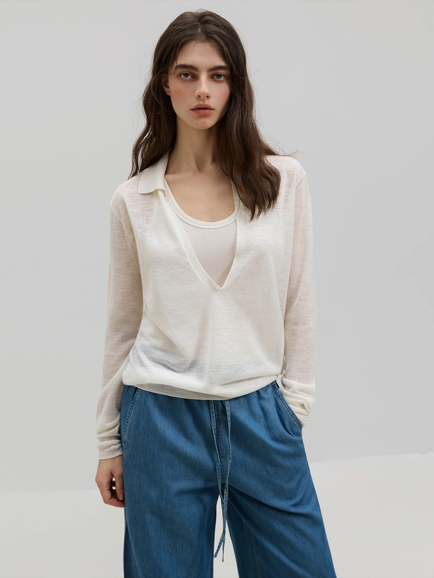 

LUR Linen V-Neck Knitwear Women's Thin Loose Long Sleeve Sun Protection Top Casual Style Pure Color Spring Fashion