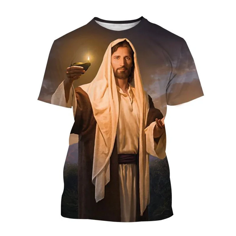 Christian God Jesus T Shirt Men 3d Print Christian Painting Summer Tees Fashion Round Neck Short Sleeve Loose Street T-Shirt