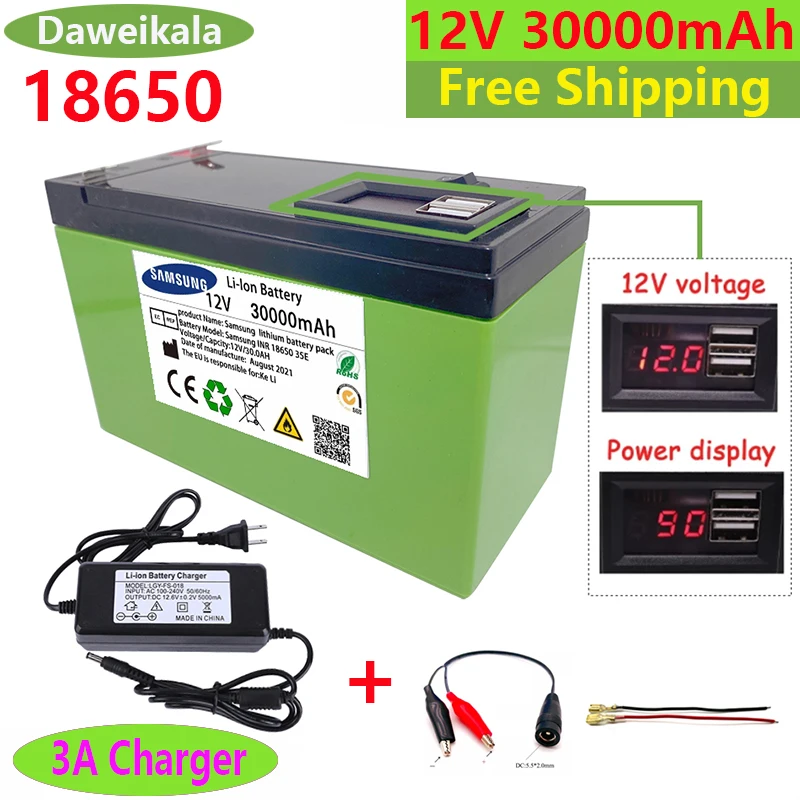 

Power Display 12v 30Ah 18650 Lithium Battery Pack Is Suitable for Solar Energy and Electric Vehicle Battery + 12.6V3A Charger