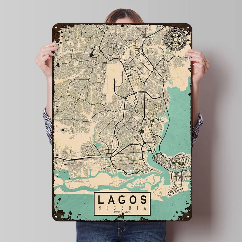 

Карта города Lagos, винтажный металлический плакат, декор для ванной комнаты, металлические жестяные вывески на заказ, тарелки для настенного художественного украшения, украшения гостиной