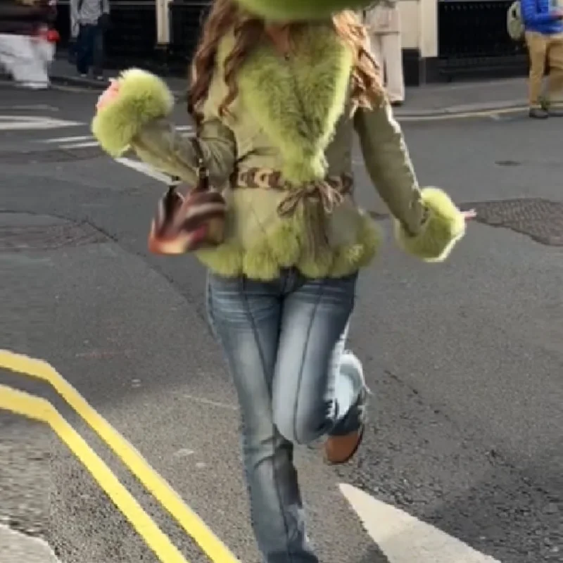 

Women's Fashion Green Faux Fur Jackets Elegant Long Sleeves Lapel Colla Warm Coat 2025 New High Street Y2k Autumn Winter Outwear