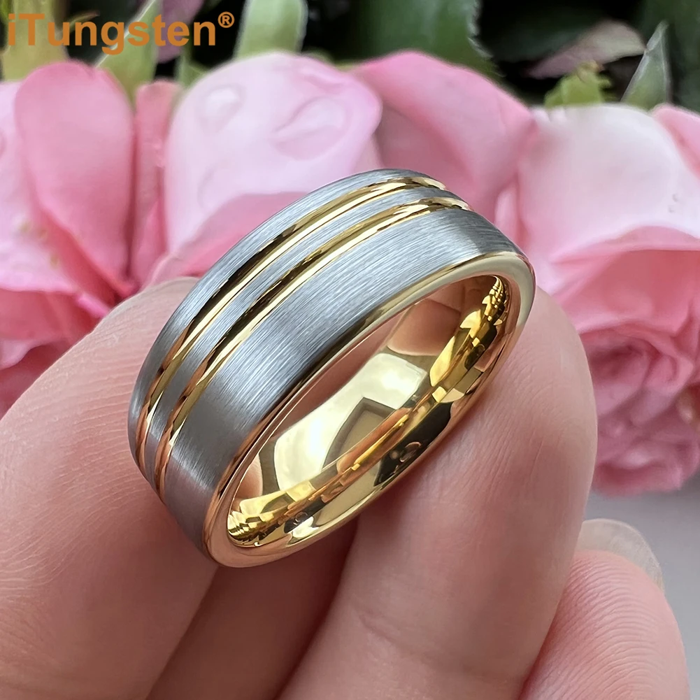 

iTungsten 8mm Shiny Tungsten Carbide Ring Classic Flat Wedding Band For Men Women 2 Offset Grooves Stocks In Hand Comfort Fit