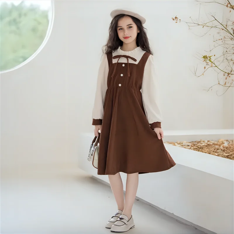 Girls Princess Dress 2024 Autumn Fake Two-piece Ruffle School Teenage Children Clothes Corduroy Patchwork Kids Casual Dresses 14