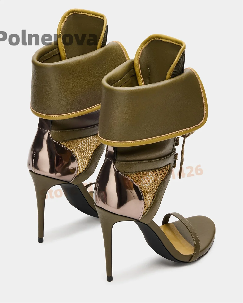 

Army Green Sandals Boots for Women Cut Out Lace Up High Heels Summer Ankle Strap Mesh Ladies Parchwork Stiletto Party Shoes