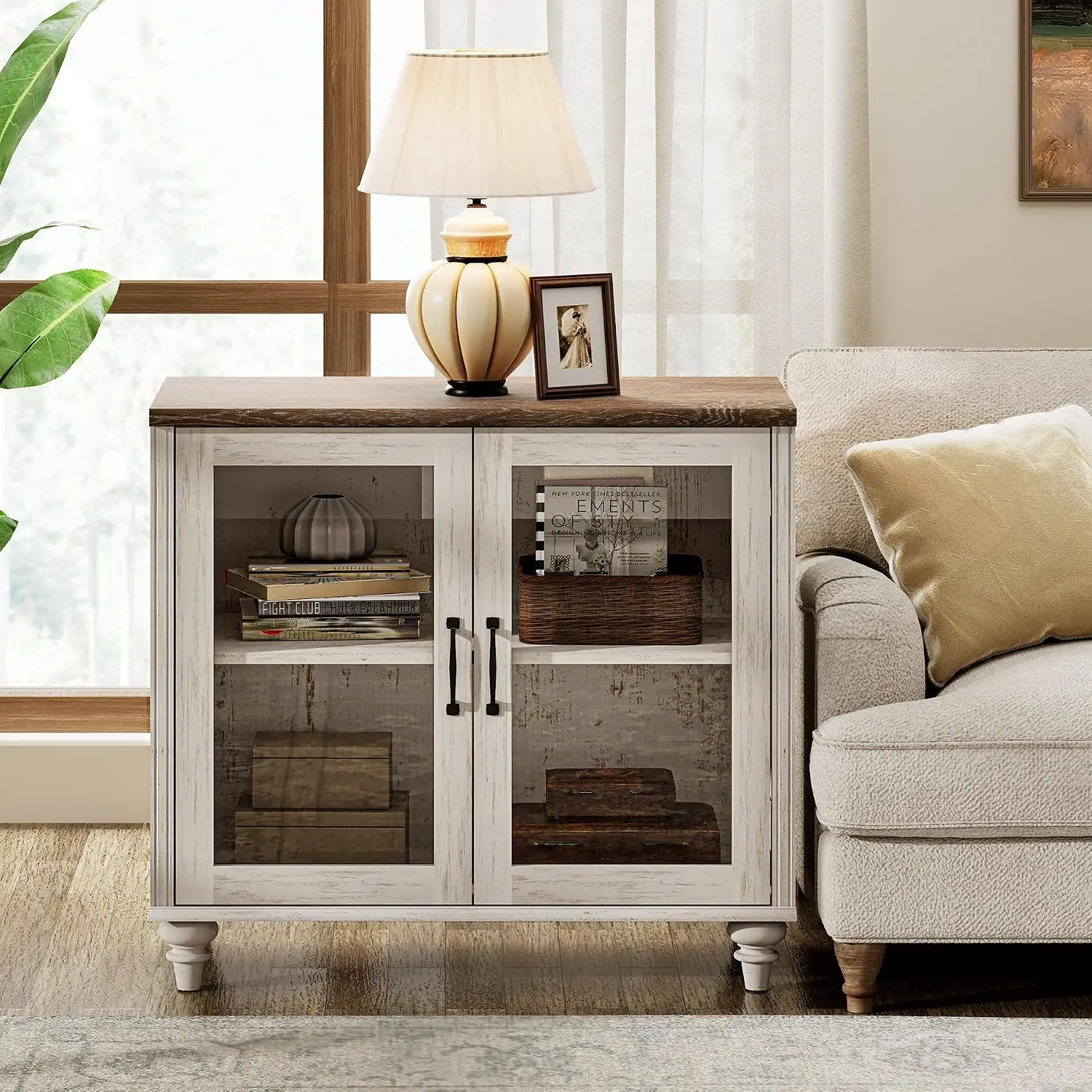 Farmhouse End Table with Ample Storage, Large Mid Century Modern Wood Bedside Table Night Stand, Wide Sofa Side End Table
