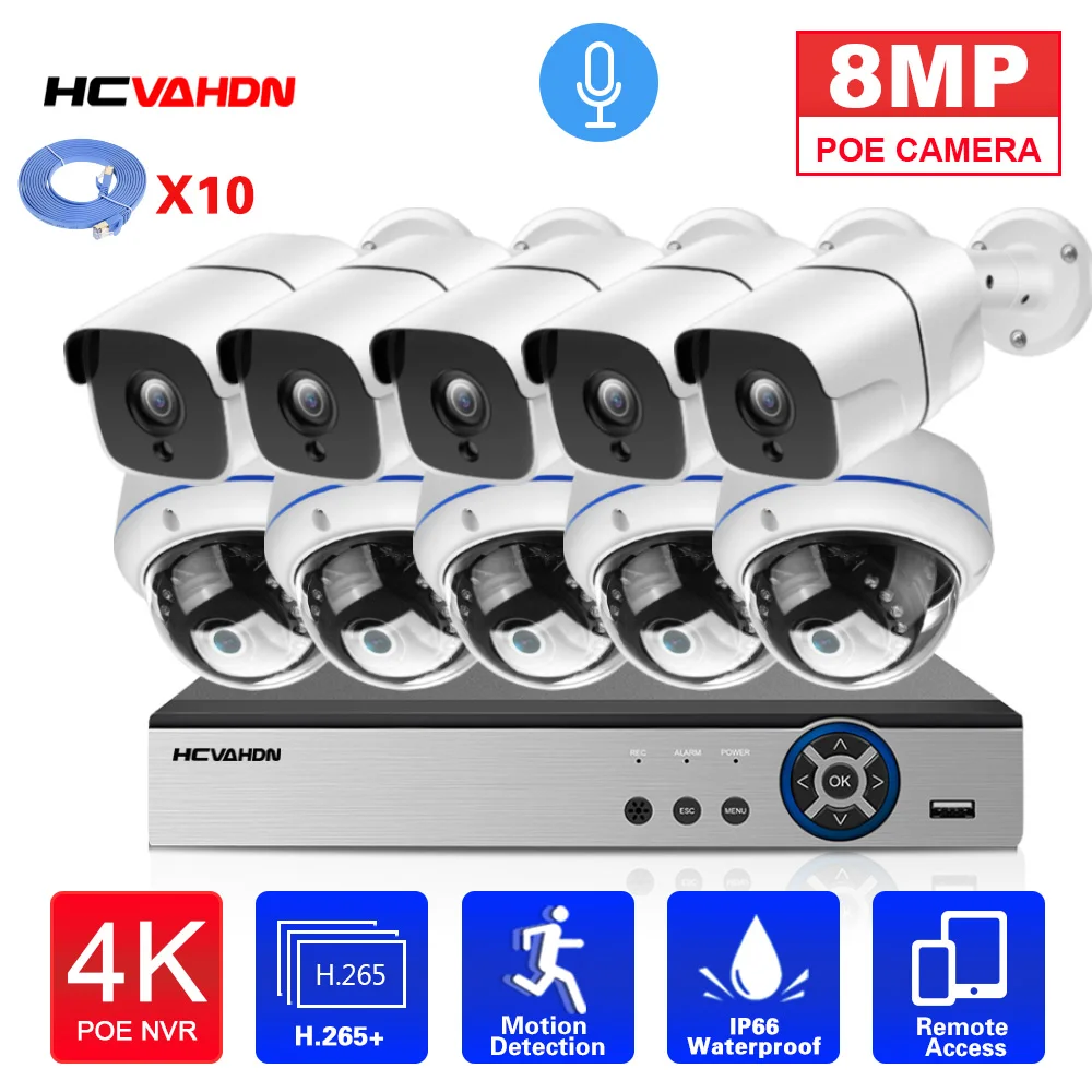 4K CCTV Security System 8CH POE NVR Kit 8MP Outdoor Waterproof Audio POE IP Camera Video Surveillance System Kit XMEYE P2P 10CH