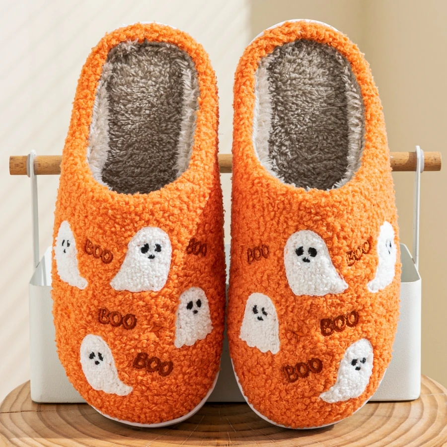 Halloween Kleiner Geist Flauschige Damen-Hausschuhe Winter Warm Weich Gemütlich Schlafzimmer Rutschfest Paar Mode Hausschuhe – Detail 4