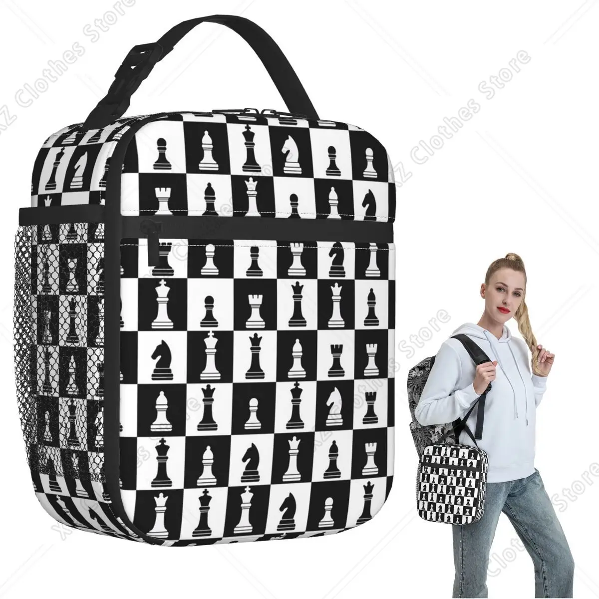 Black and White Chess Board Pattern Insulated Lunch Bag for Women Kids Leakproof Food Boxes Thermal Lunch Box Tote