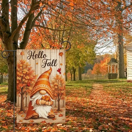 Hello Fall Gnome Garden Flag 12x18 Double Sided Burlap, Autumn Maple Leaves C... YYZ