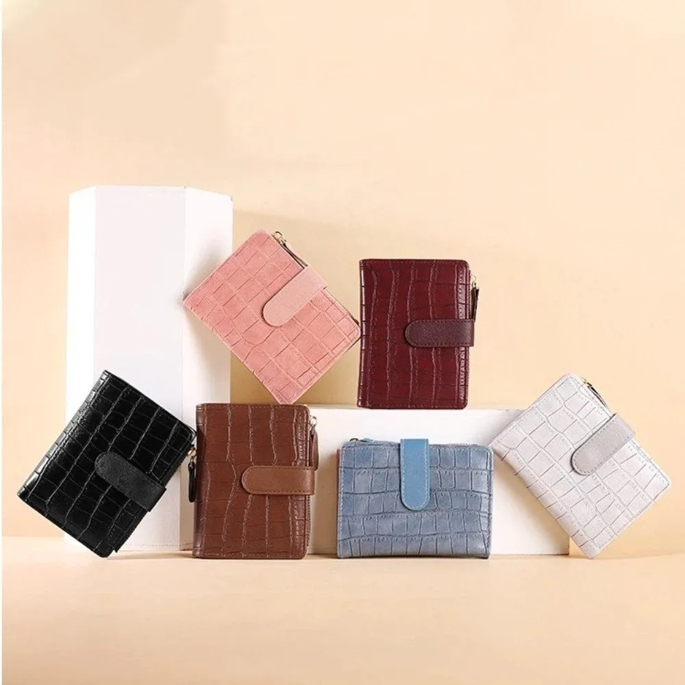 Fashion Crocodile Embossed Short Wallet With ID Window Snap-Fastener Coin Purse Ultra-Thin Solid Color Bifold Wallet Student