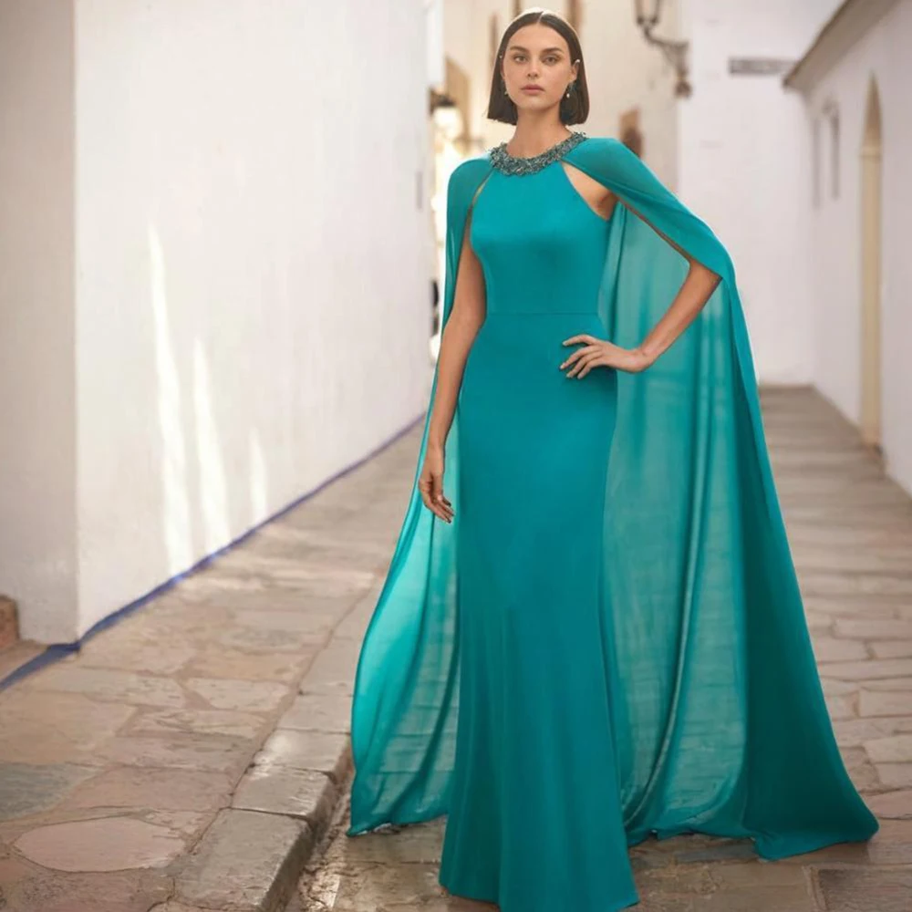 

Индивидуальные элегантные платья для гостей на свадьбу для женщин: современные платья для матери невесты с кристаллами и круглым вырезом, бирюзовые вечерние платья с накидкой