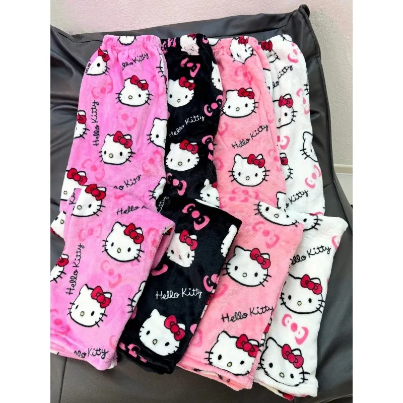 Cute Hello Kitty Red Bow Print Flannel Sleep Pants Set Women Y2K Oversized Soft Coral Fleece Multi Color Cartoon Graphic
