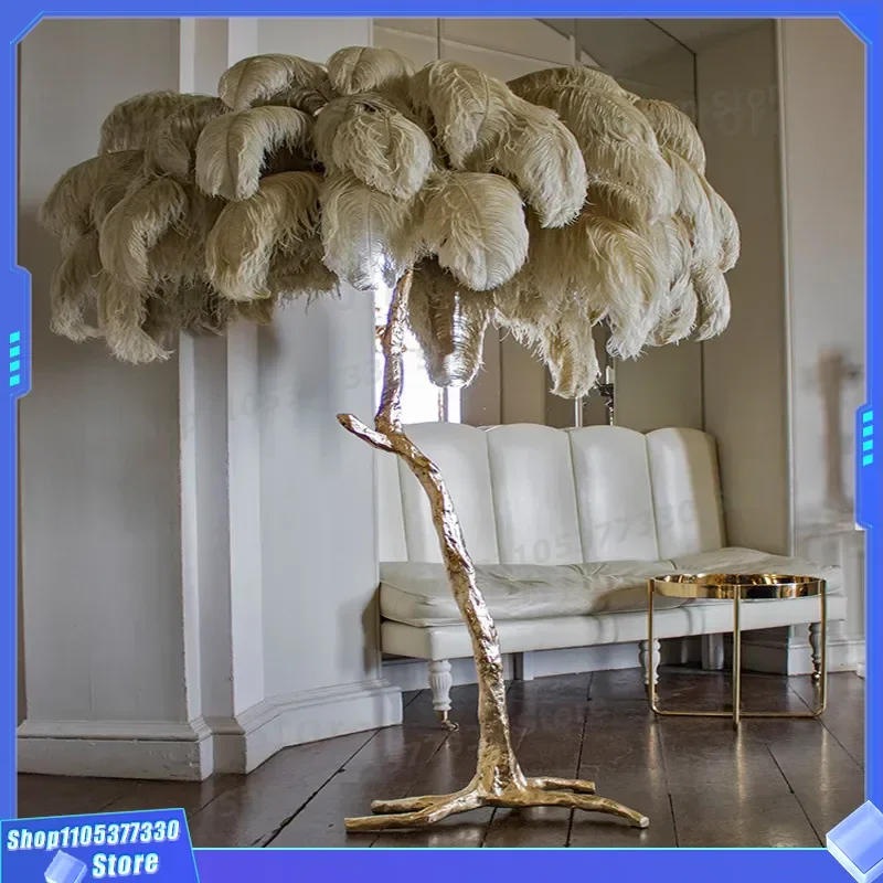 Original Designer All Copper Resin Feather Floor Lamp LED Branch Ostrich Hair Standing Light for Living Room Bedroom Desk