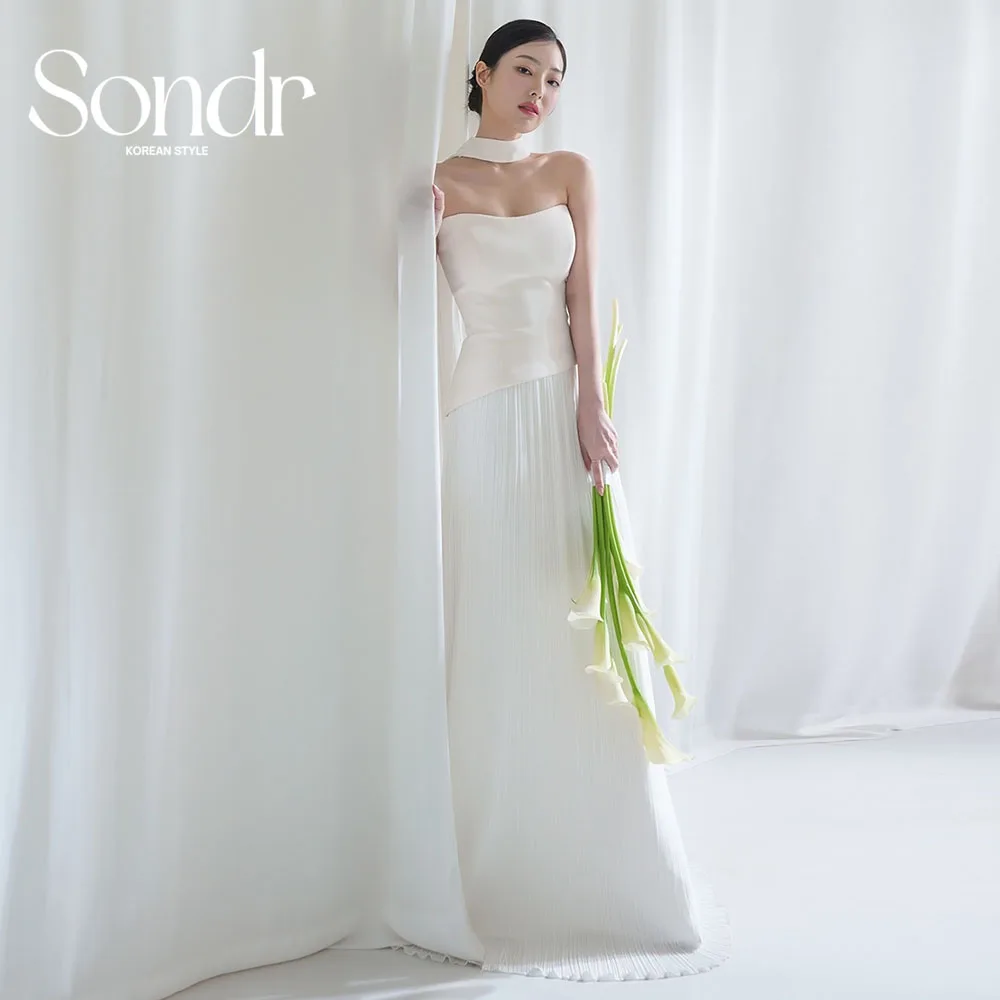 فساتين زفاف كورية أنيقة مخصصة من Sondr بدون حمالات من الساتان والشيفون مطوي لحفلات الزفاف المسائية فساتين الزفاف