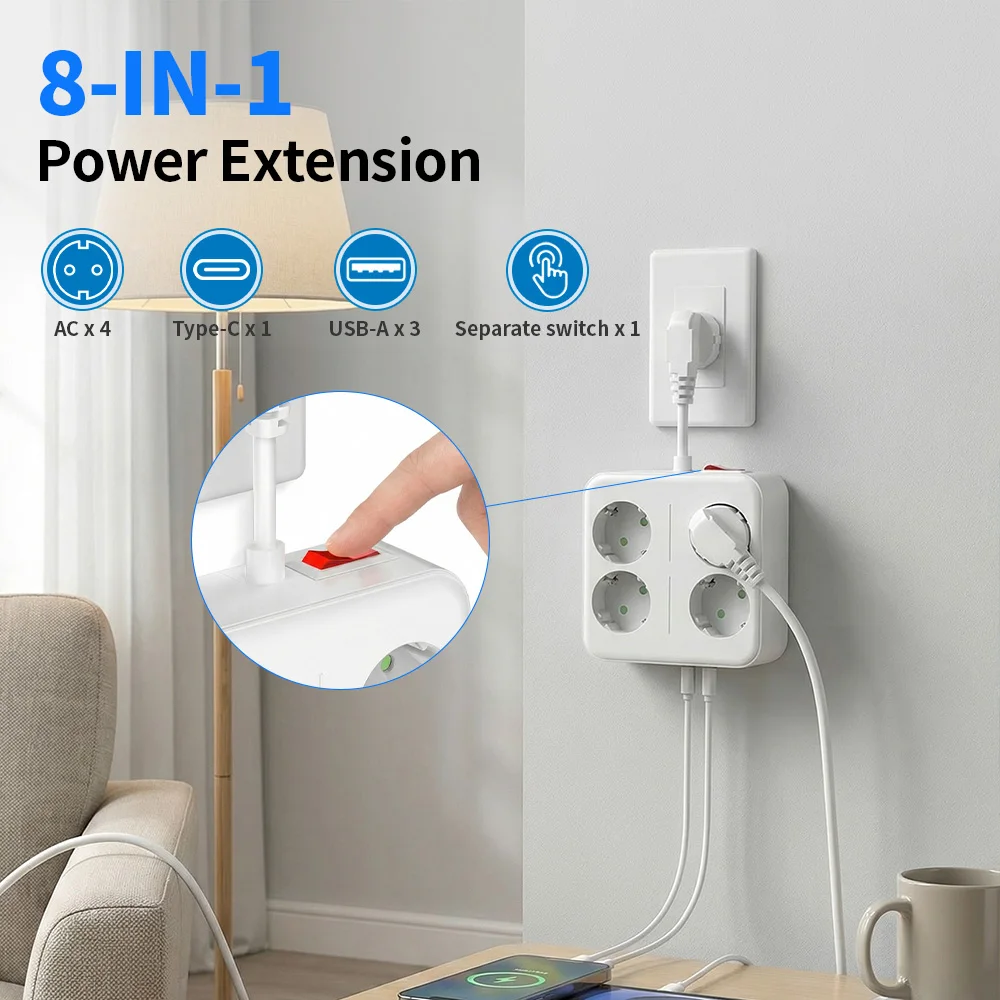 Europäische Standardsteckdose mit 4 AC-Anschlüssen, 3 USB und 1 Typ-C, Kategorie G, universeller europäischer Reisestecker zum Aufladen, Standarderdung