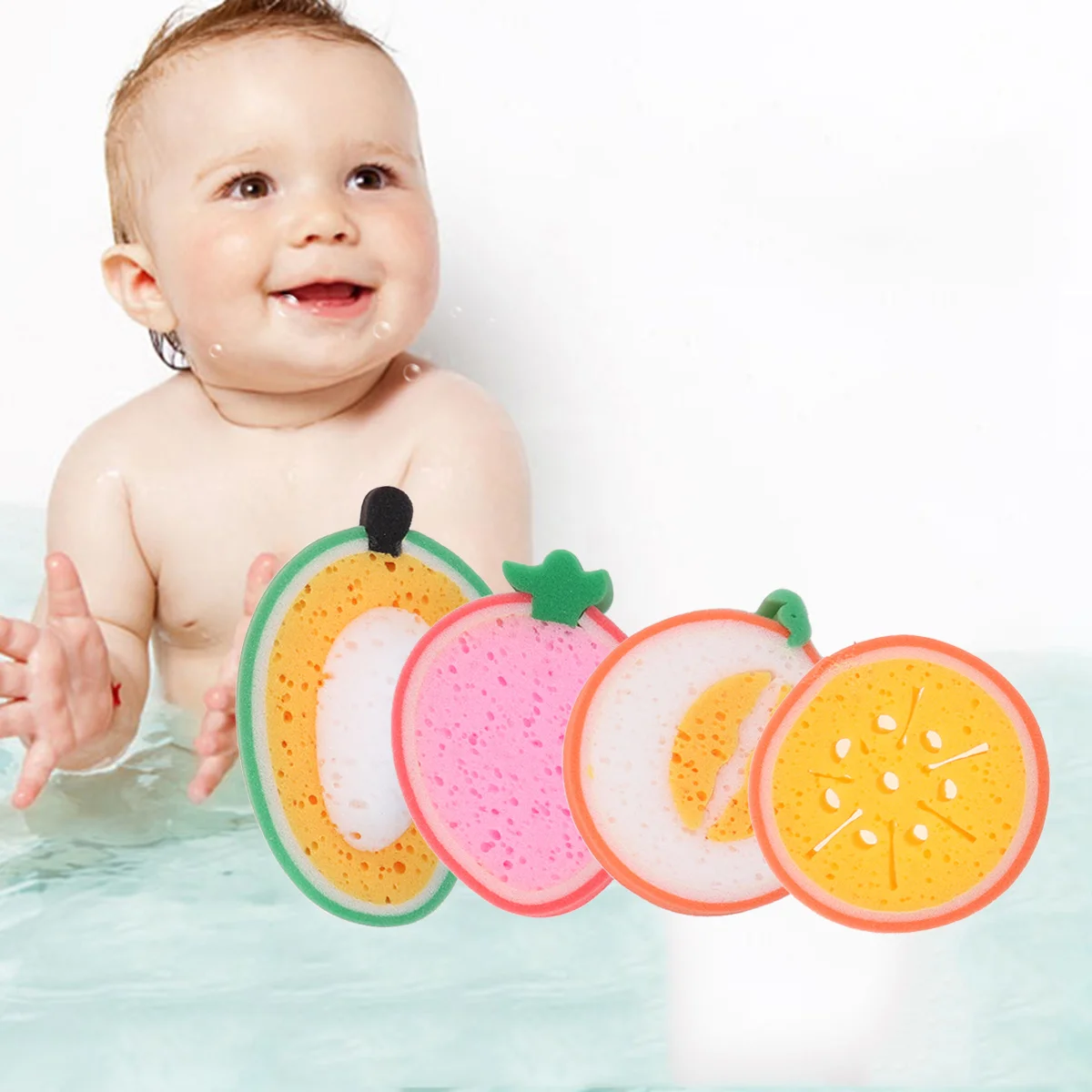 Éponge de bain aux fruits, matériau recyclé, exfoliante douce, pour enfants, soins de la peau doux, Design de dessin animé, fraise, 4 pièces