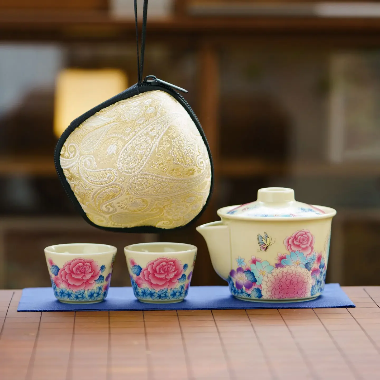 Brocade Butterfly Cover Gaiwan Bowl Ceramic Travel Tea Set Outdoor Portable Quick Cup Multicolor Luxury Gift One Bowl Two Cups
