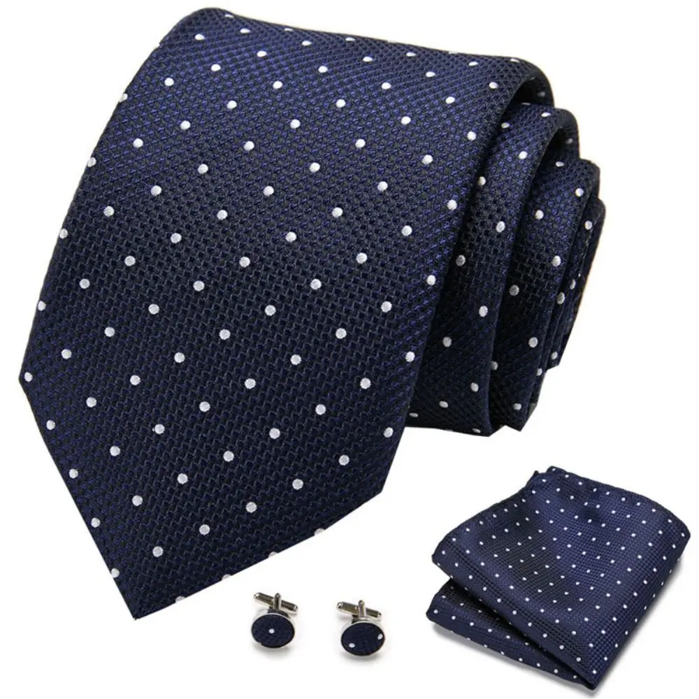 Simple Dots Necktie Kerchief Cufflinks Set Grid Decorative Pattern Business Tie Set Soft Striped Men Cravat Boys