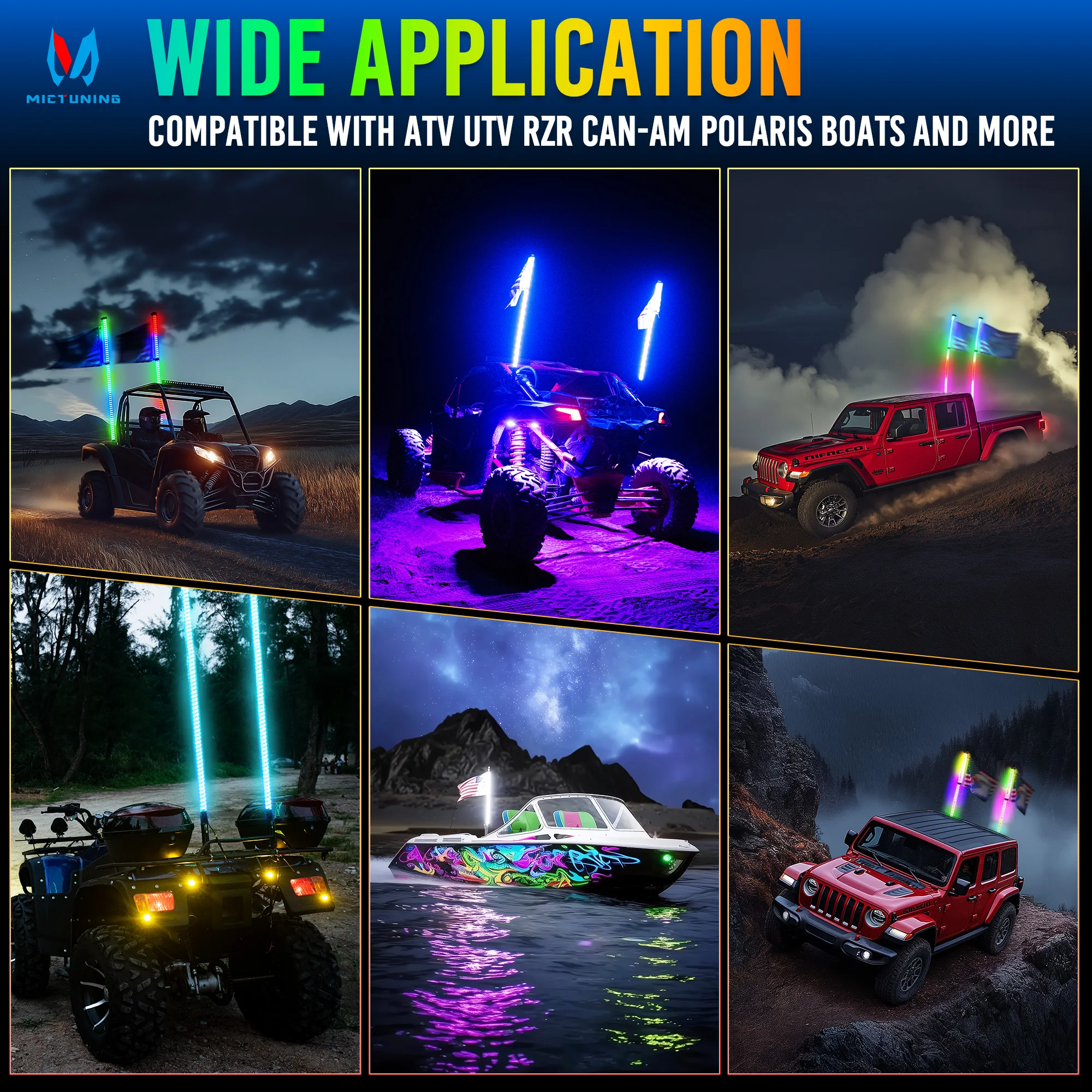 LED Whip Lights 1/2FT APP Control Flagpole Antenna Whips RGB Waterproof Bendable with Remote APP Music Control for SUV RZR ATV