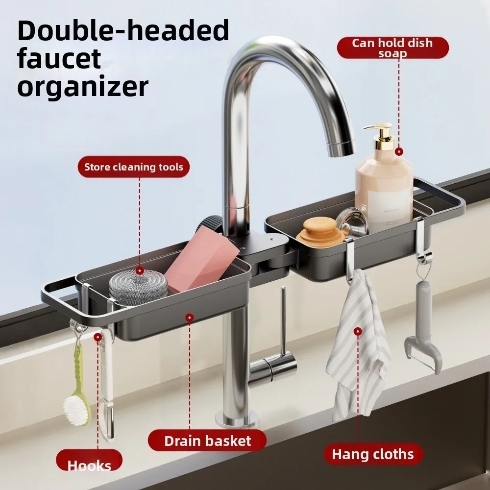 Double-headed Faucet Storage Rack Rotatable Rust-Proof Faucet Sponge Soap Shelf Removable Waterproof Sink Drain Organizer