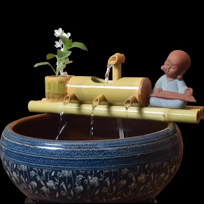 Fuente de agua de escritorio con tubo de bambú, adorno Feng Shui, decoración del hogar y la Oficina, regalo de apertura de tienda de paisaje acuático de la suerte