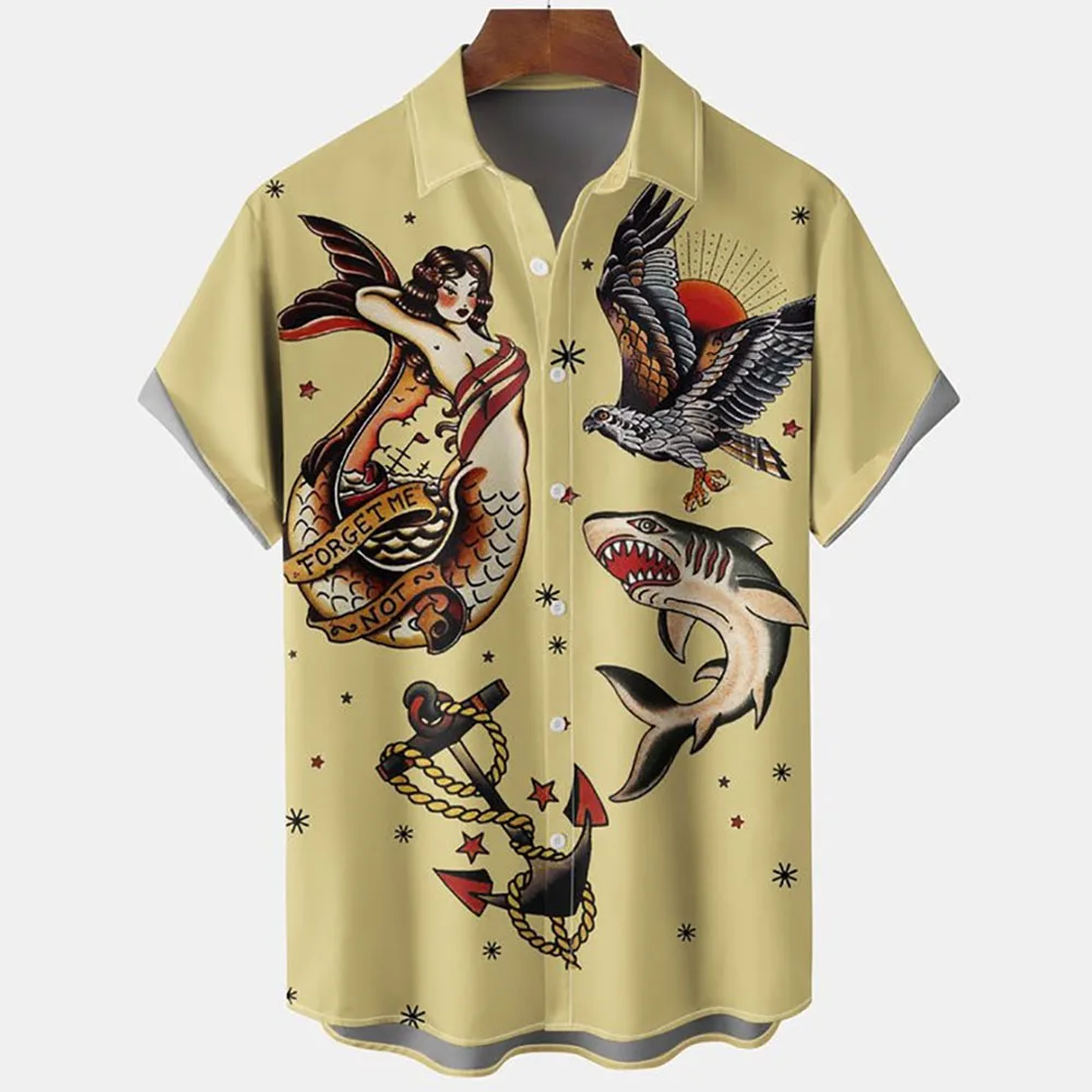 Vintage Mermaid Art 3d Digital Print Pattern Men\'s Shirt Retro Hawaiian Shirt Man Street Short Sleeve Top Loose Shirt Male Tops