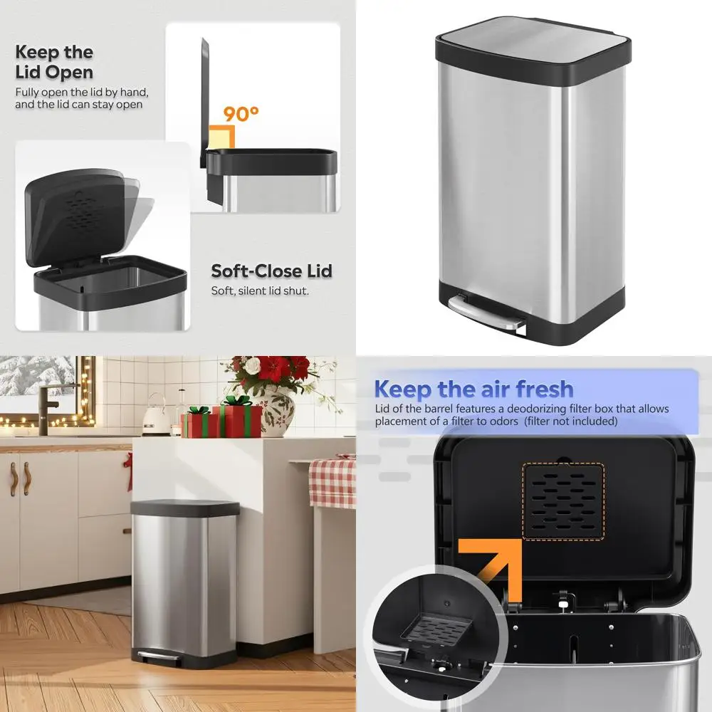 

Мусорное ведро с педалью и крышкой, 55 л, из матовой стали, для кухни, 14,5 л, с держателем для пакетов, серебристое, без использования рук