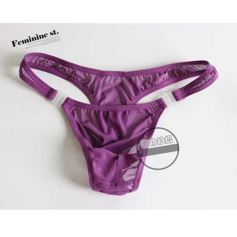 

Sexy Men's Underwear Summer Mesh Transparent Low Rise U Convex Pouch T Back Thong Solid Color Adjustable Button Waistband Pantie