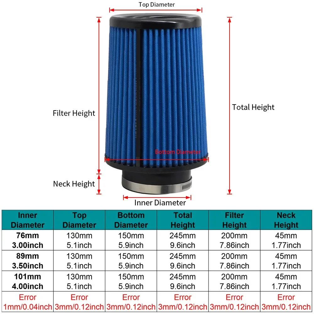 76mm 3inch High Flow Air Filter Cold Air Intake Universal Car Round Cone Turbo Filter Sport Racing Car Engine Air Inlet Washable