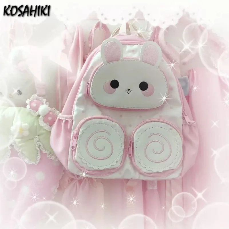

Patchwork Contrast Color Cartoon Rabbit Backpack Women All Match Chic Kawaii Backpacks Streetwear Y2k Cute Embroidery Schoolbags