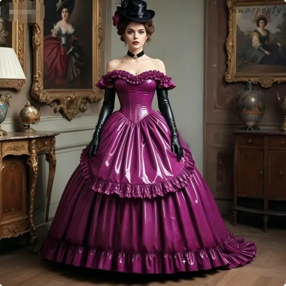 Lila viktorianisches Gothic-Abschlussballkleid, schulterfreies, glänzendes PU-Korsettkleid mit Rüschen, Vintage Edwardianisches Halloween-Kostüm, maßgeschneidert