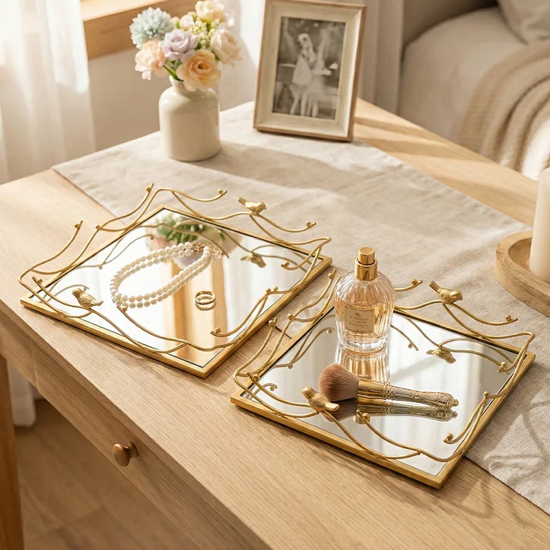 Gold Metal Mirror Tray with Bird & Branch Design - Decor Vanity Tray for Perfume, Jewelry Organizer, Bathroom & Dresser Decor