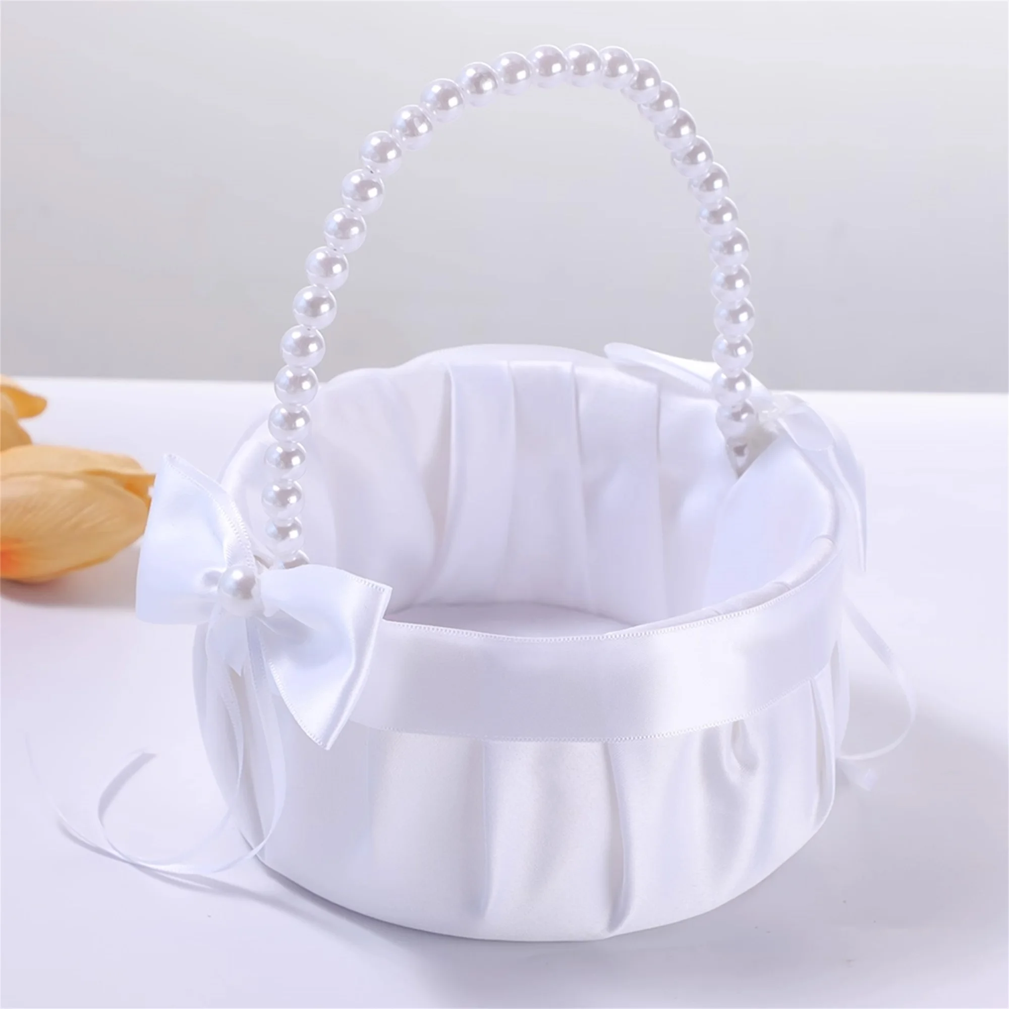 Elegant Ivory Flower Girl Basket with Delicate Lace Trim and Sparkling Rhinestone Accents - Wedding Ceremony Decor