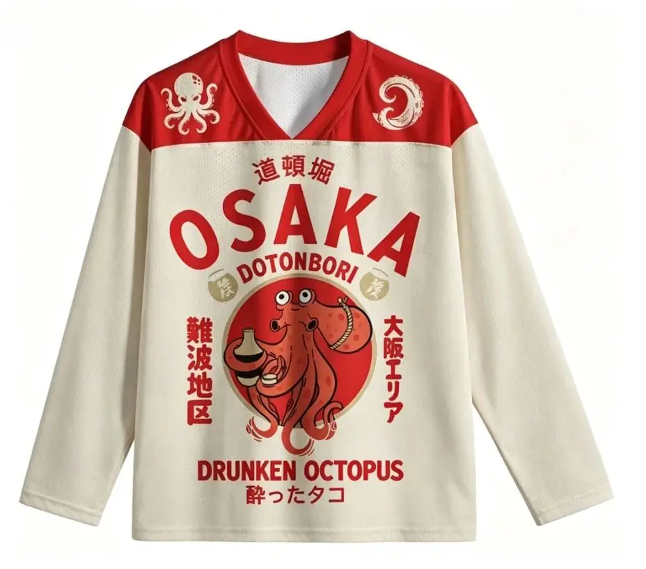 Unisex 3D Children's Osaka Dotonbori Drunken Octopus Retro V-neck Long Sleeved T-shirt Harajuku Street Wear Oversized Top