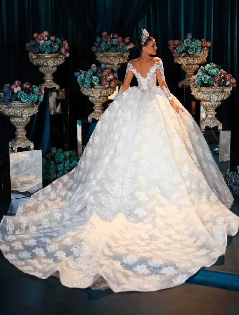 Customized Gorgeous Deep V-Neck Full Sleeves New Wedding Dresses Ball Gown Monarch Train Sheer Neck Sparkle Princess Main Veil