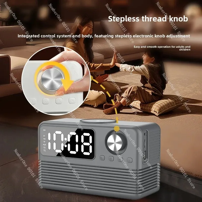 15W Bluetooth Speaker with Wireless Charging Clock, LED Audio Nightstand Alarm for Hotel Home, Retro Wireless Charging Speaker