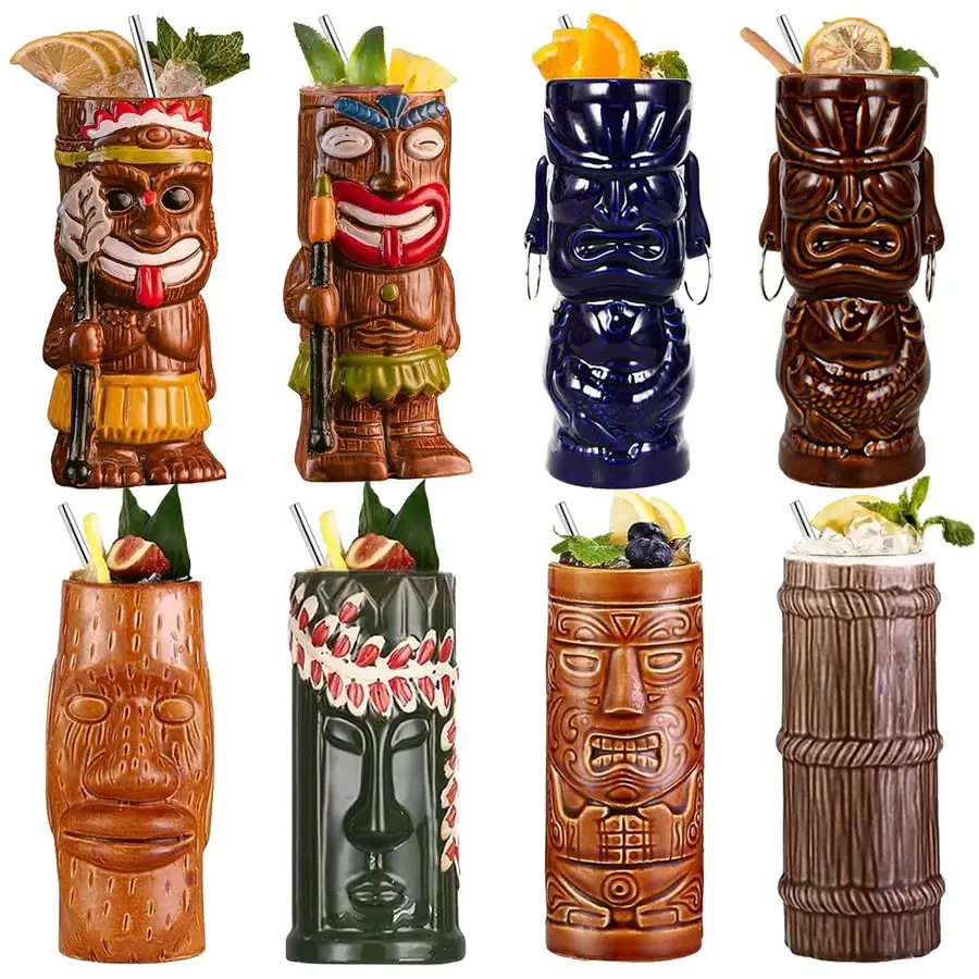 

Tiki Mugs Set Of 8 Cute Ceramic Hawaiian Style Cocktail Glasses For Party And Tropical Tiki BarMai Tai Drinkware