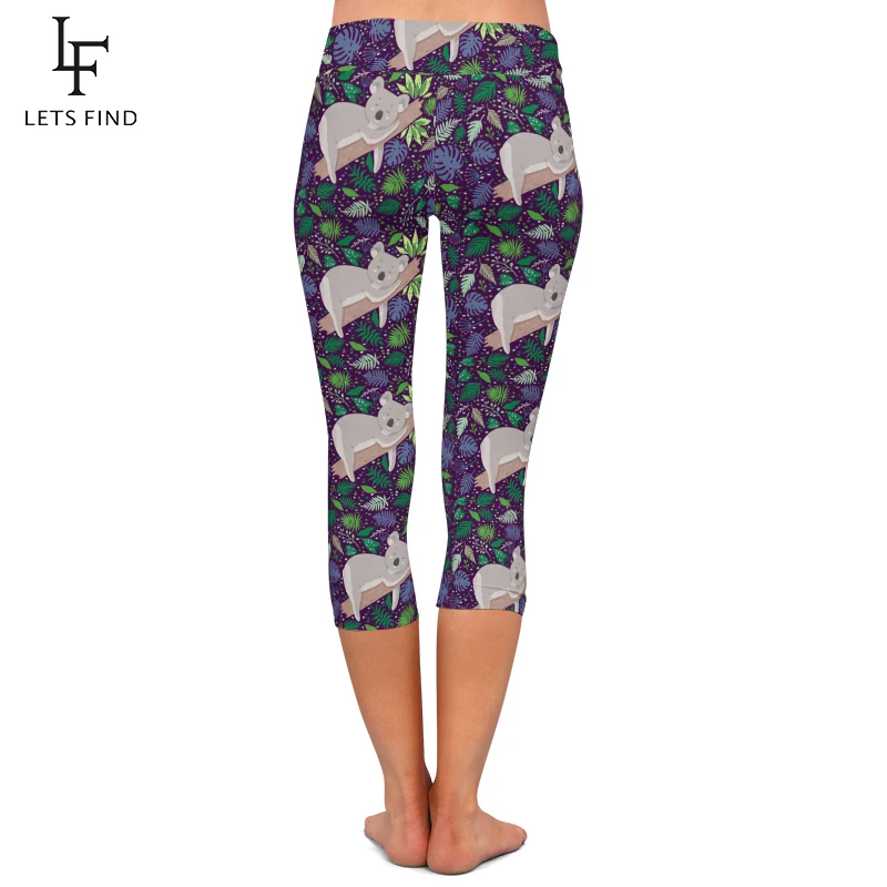 LETSFIND letnie kobiety wysokiej talii legginsy Capri urocze kreskówkowe zwierzęta Koala drukowanie Casual połowy łydki 3/4 legginsy