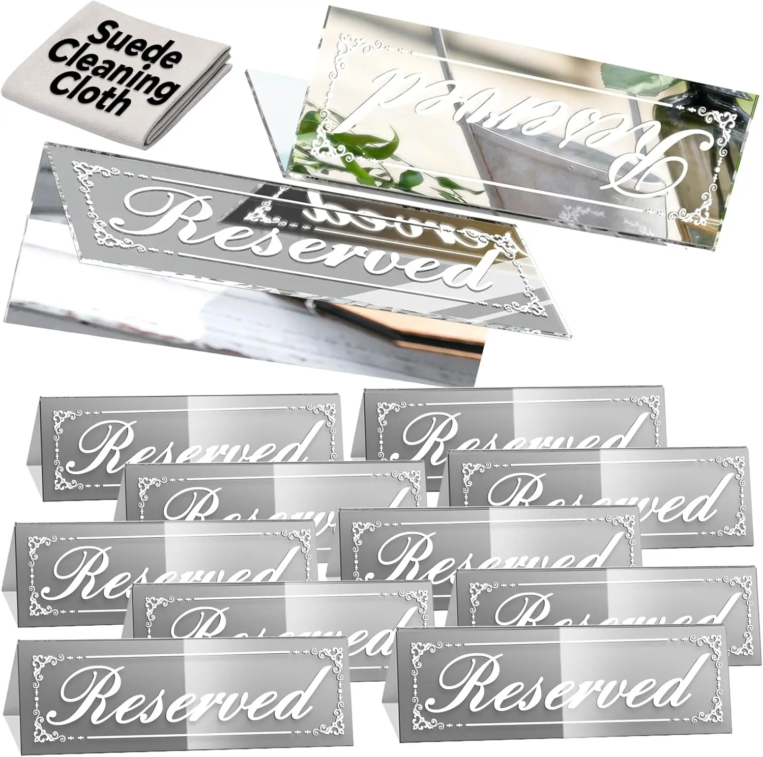 

12 Pcs Silver Reserved Table Signs, Mirrored Double Sided with Suede Cloth for Wedding Restaurant Party