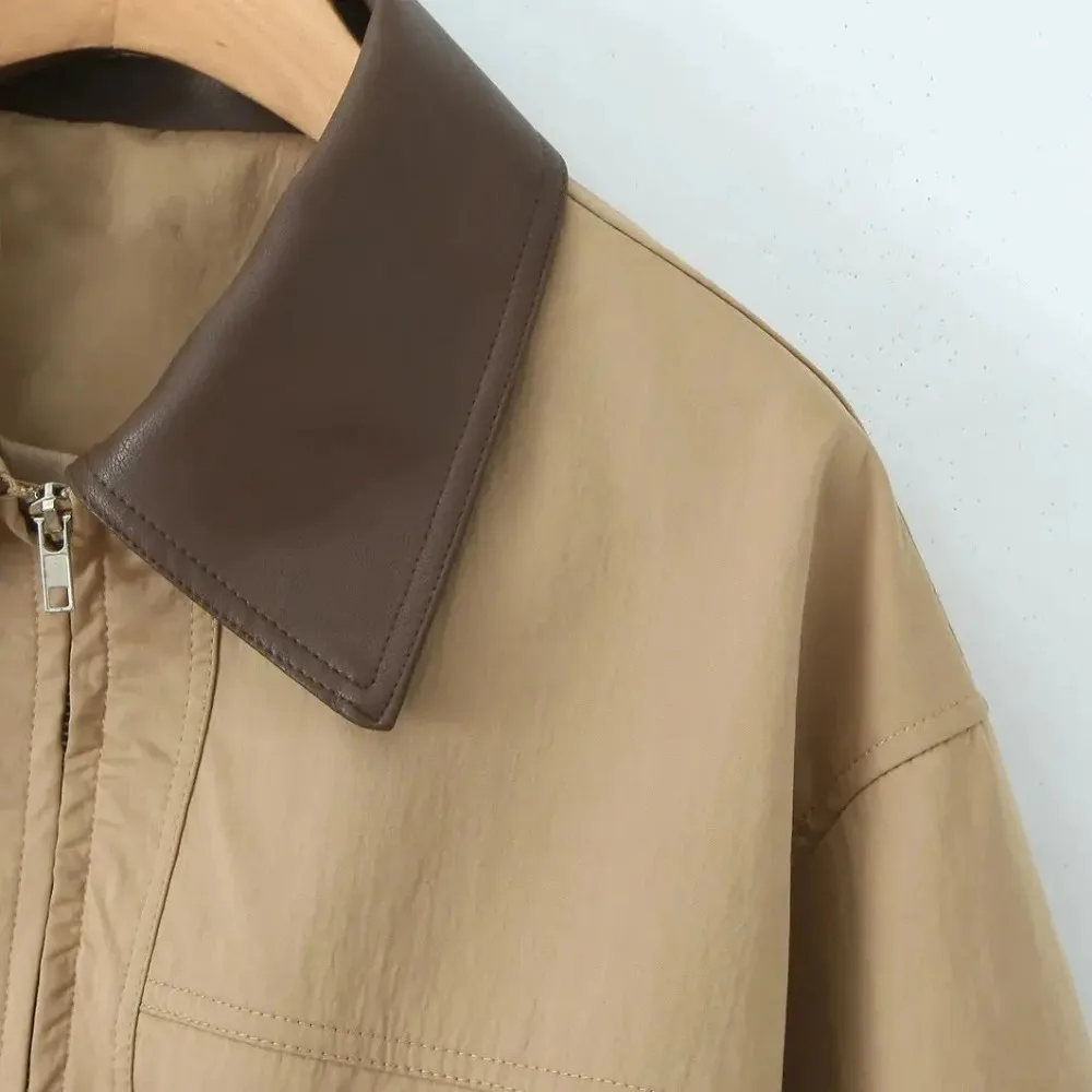 Spring Autumn Women Khaki Spliced Faux Leather Lapel Coat Front 2 Pocket Elastic Waist Zipper Jacket Loose Outerwear Trench Coat