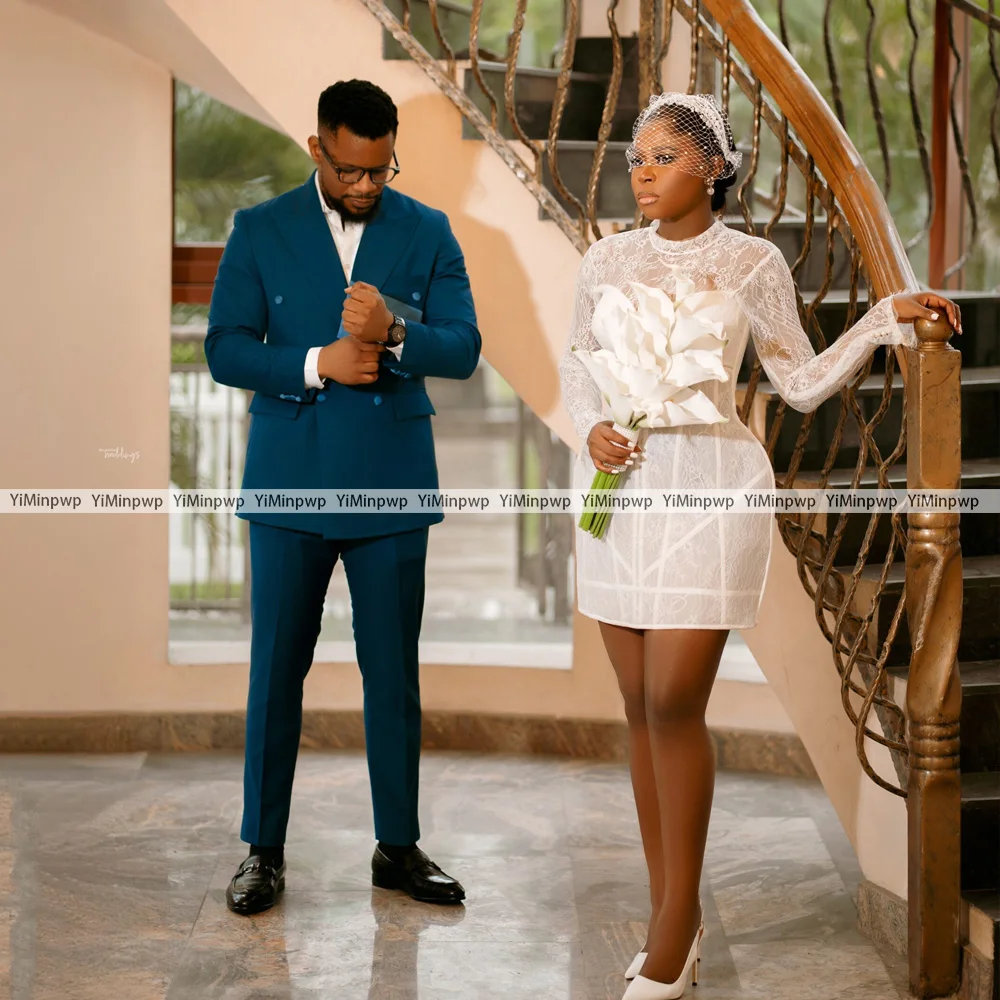 

Customized Lace High Neck Wedding Dress For African Women Full Sleeve Applique Mini Bride Gowns Above Knee vestido de noiva