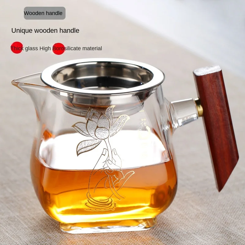 Heat-resistant Glass Gongdao Pot With Thick Wooden Handle Infuser Teapot for Tea in a Cup Tea Strainer Integrated Set Kettle Bar