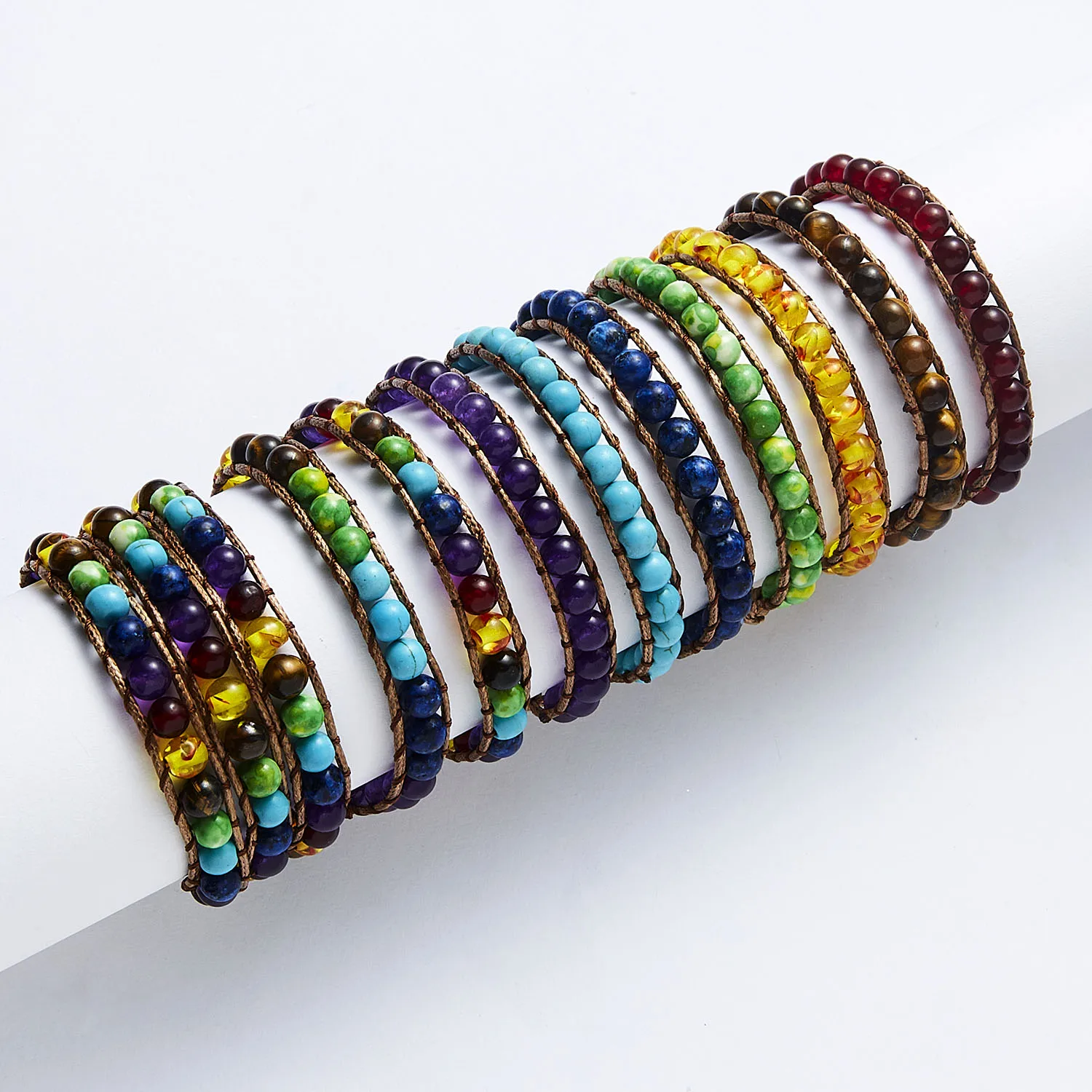 Hot Sale Multicolor Natural Stone Leather Bracelets For Men Women Beaded Adjustable Bracelet Vintage Spiritual Chakra Jewelry