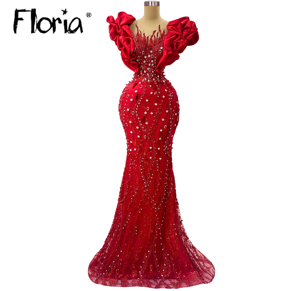 Rood Kant Geappliceerd Lange Avondjurk Vrouwen Ruches Mouwen Mermaid Stenen Prom Partij Jassen Custom Made Arabisch Vestido De Novia