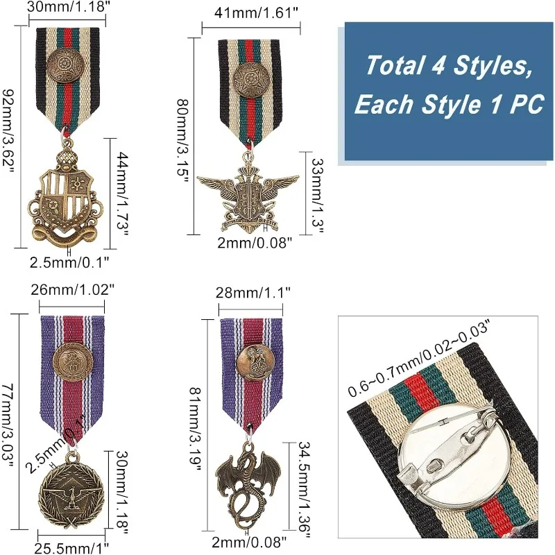 4 Pcs Costume Military Badge Medal, 4 Style Military Hero Combat Medals Brooch Navy Military Badge Patriot Brooch Pin Stripe